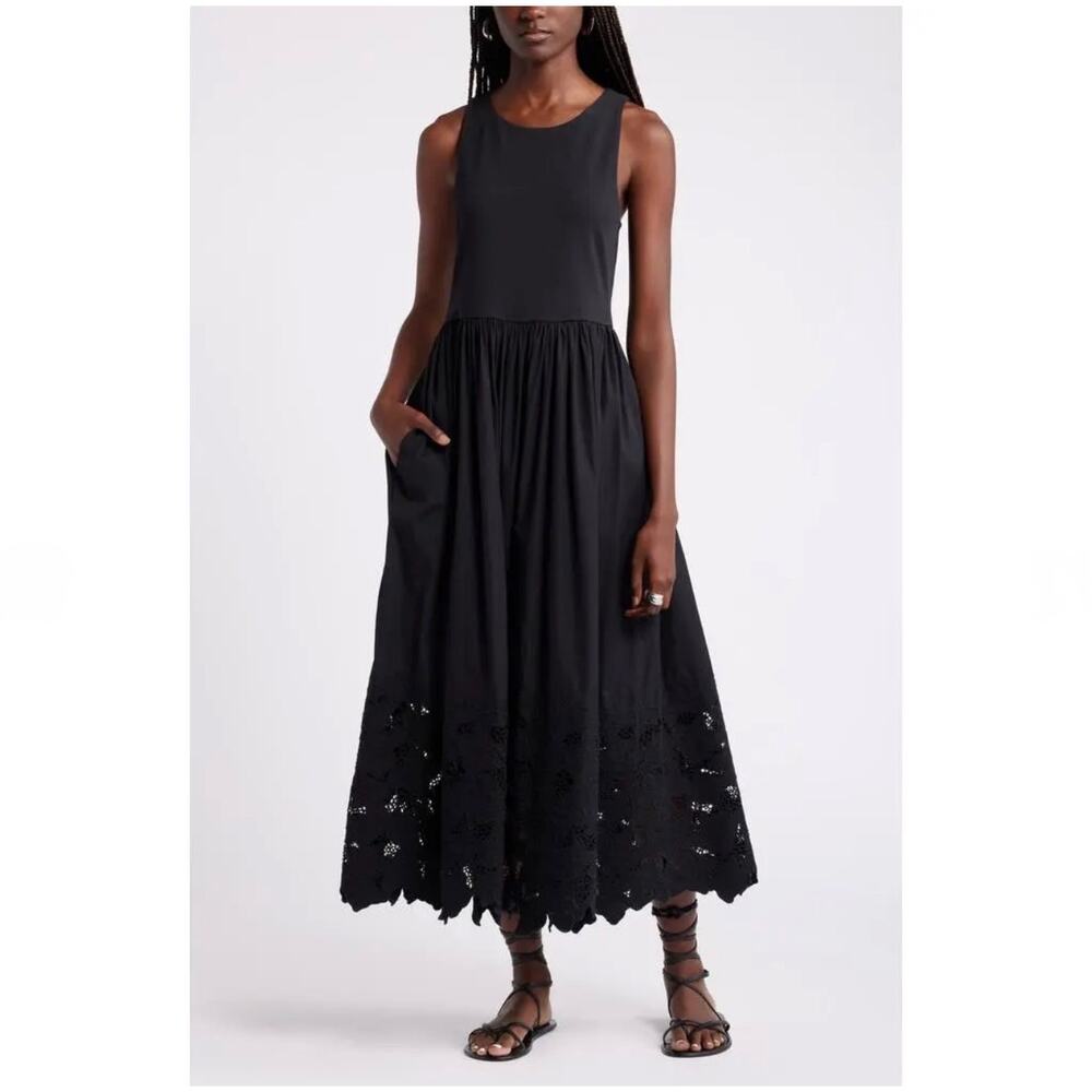 Nordstrom Plus 2X Black Embroidered Mixed Media Sundress Sleeveless Pockets LBD